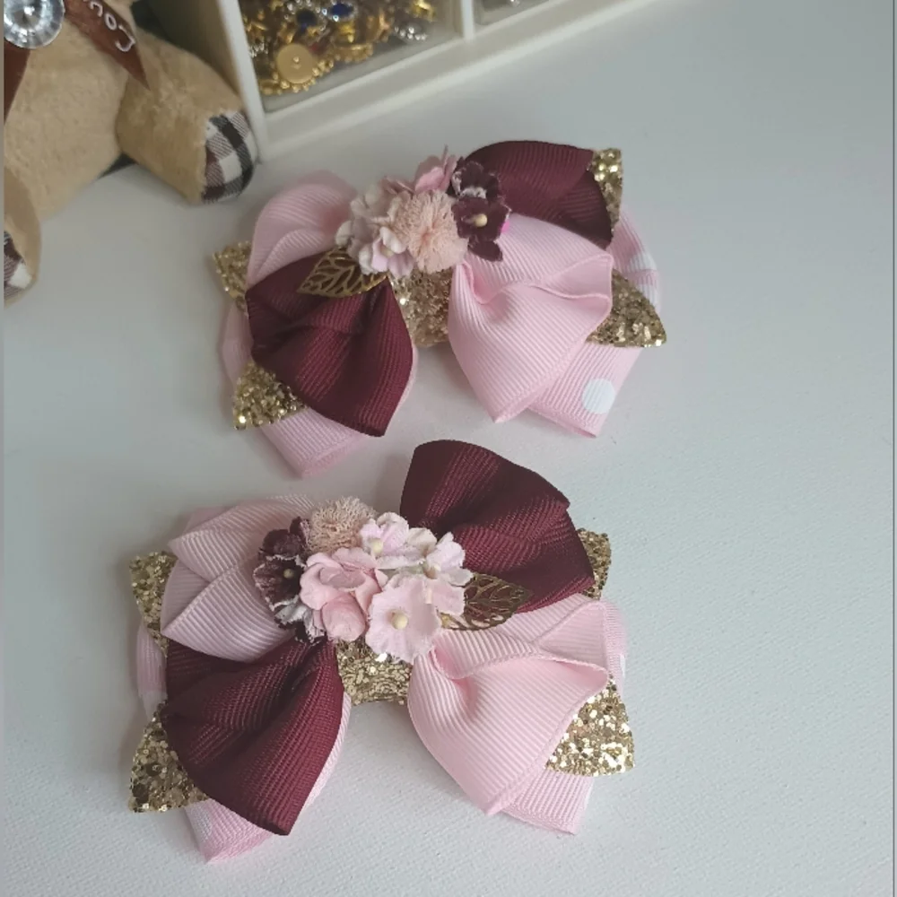 Handmade Bow Pink and Burgundy Hair Bows with Gold Accents (Set)🎀✨